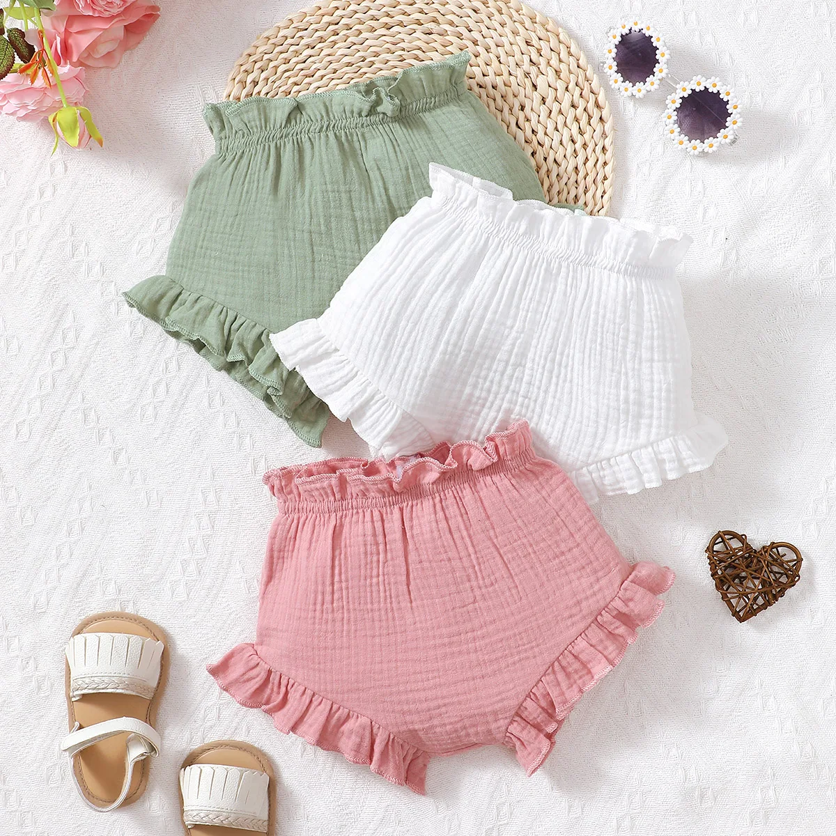 Newborn Baby Girl Dolid Color Simple Combed Cotton Outer Wear Baby Underwear Three Piece Set