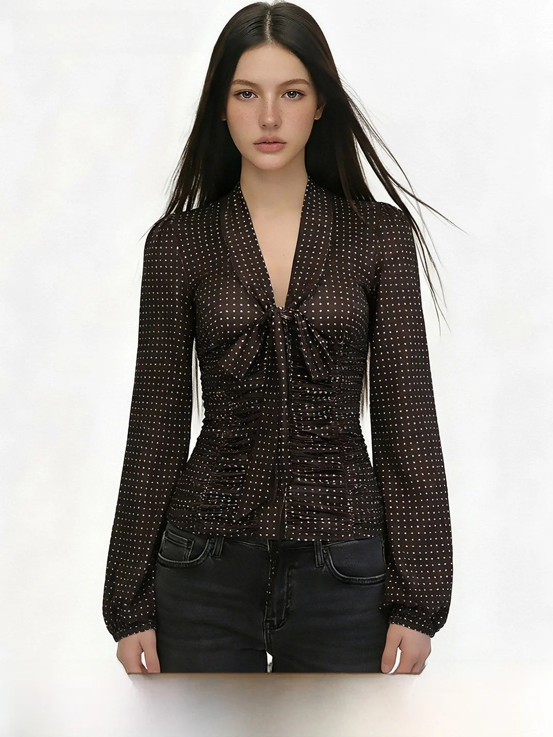 

Fff Vintage Brown Polka Dot V-ne Belted Long Sve irt Women's Slim Fit Waist-cinching Top Breathable Polyester Blend