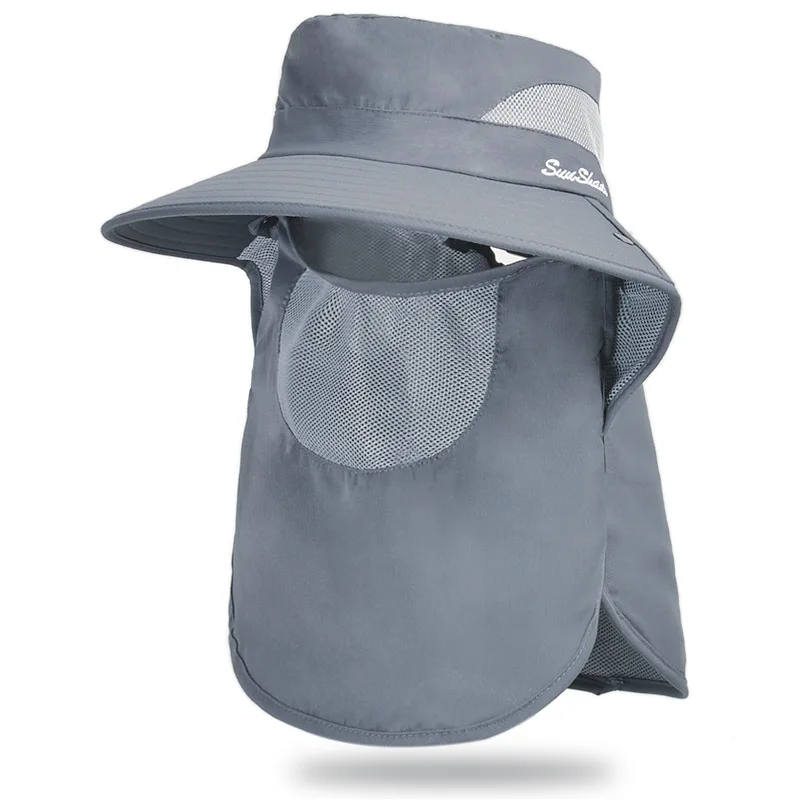 New Men Women Fisherman Hat Hiking Mountain Sun Protection Hat Summer Bucket Hat Big Brim Mesh Ponytail Hole Hats Mask Shawl Cap