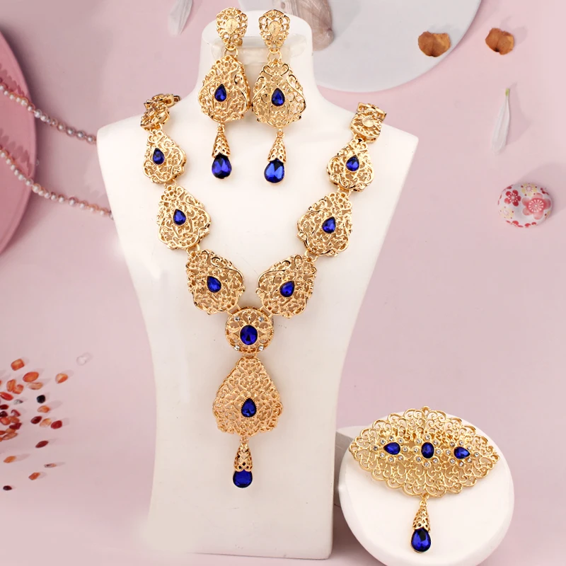 Nieuwe Water Drop Ketting Oorbellen Set Voor Vrouwen Marokko Bruiloft Ketting Groen Rhinestone Vergulde Bruids Sieraden Sets Bijoux