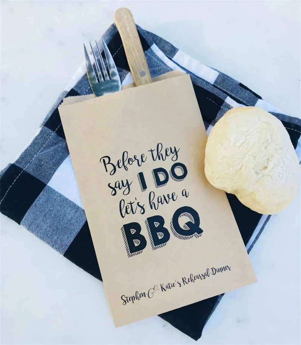 50 Rehearsal Dinner Bags! - Before they say I DO let's have a BBQ - Dinner Bags - Custom Printed on Kraft Brown Paper