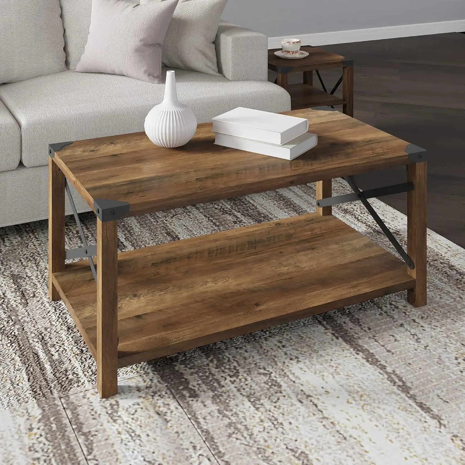 

40 Inch Farmhouse Coffee Table, Industrial Wood Accent Cocktail Table with Shelf, Wooden Living Room Table with X-Shaped Metal