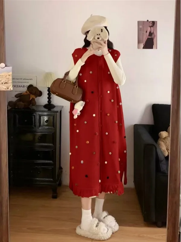 

plus Size Women's Knit Dr with Tassel Polka Dot Design Loose Fit Autumn Winter New Sle Inner Wear Base Skirt Commute Sle