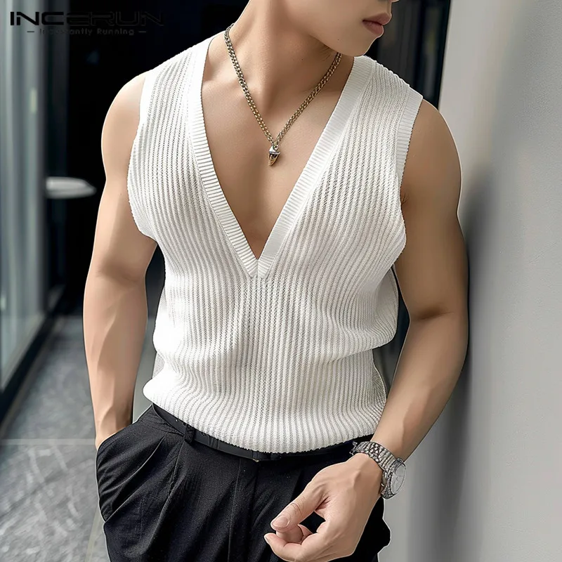 Incerun Tops 2024 schöne Männer tiefe V vertikale Streifen gestrickte hohle Tanktops Freizeit Streetwear dünne ärmellose Westen S-5XL