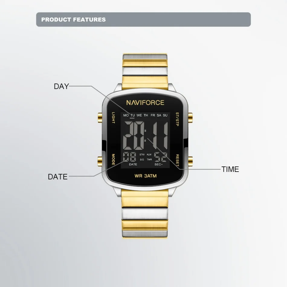 جديد NAVIFORCE موضة LCD عرض التاريخ حزام الصلب مقاوم للماء الساعات الرقمية النساء الرياضة الإلكترونية ساعة اليد Relogio Feminino