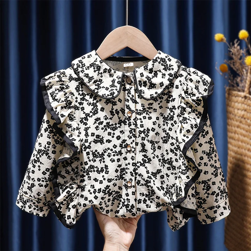 Fashion Floral Printing Peter Pan Collar Splicing Agaric Edge Shirt Girl Clothes Spring Autumn Contrast Color Button Blouse Kids