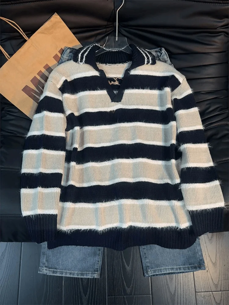 

Retro American Striped Color Blo V-ne Knitted Sweater Loose Fit ex Autumn Winter Faion College Sle Turn-down Coll...