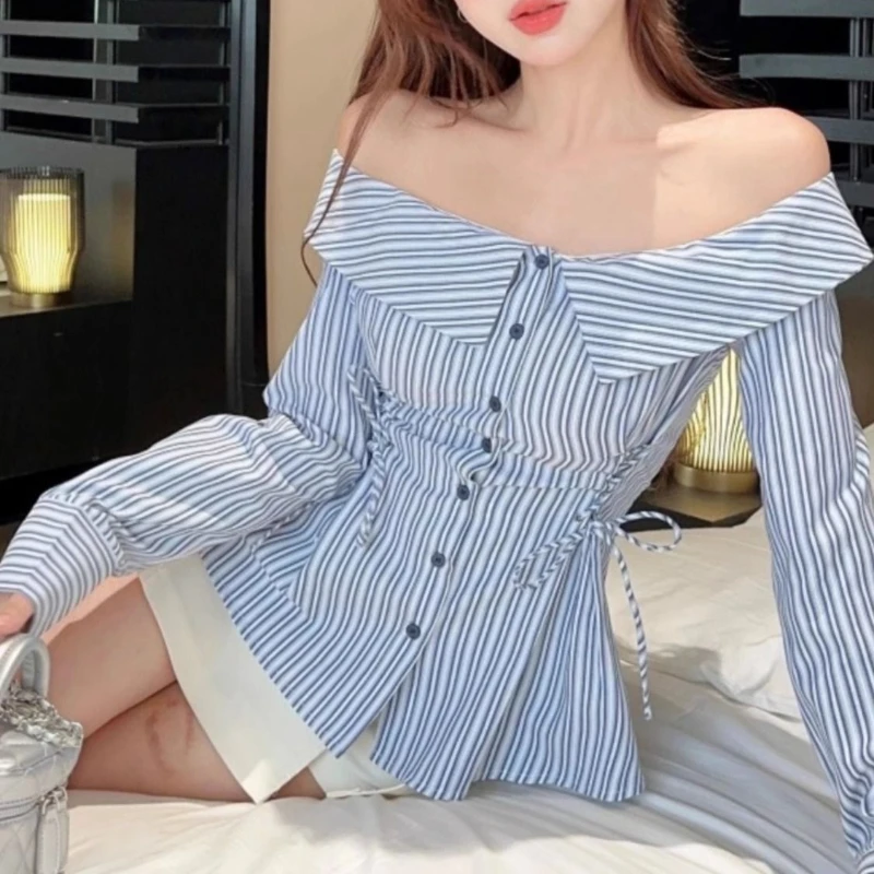 DAYIFUN Women's One Necked Striped Shirt Slim Fit Single Breasted Ladies' Long Sleeved Shirts Sweet Female's Chic Lace Up Tops