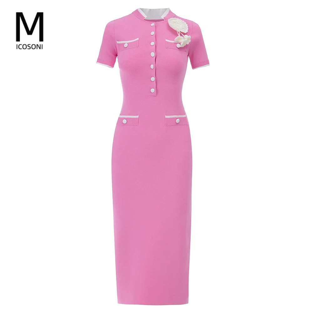 

French High-quality Short-sleeved Pink Knitted Dress Three-dimensional Flower Contrasting Color Slim Elegant Women's Vestidos