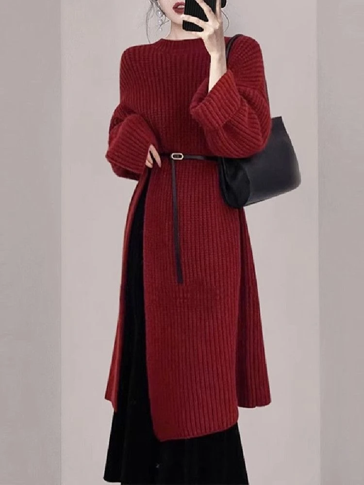 Women Elegant Red Knit Dress Autumn Winter Long Sleeve Midi Over Knee Casual Solid Warm Sweater Dress - view 3