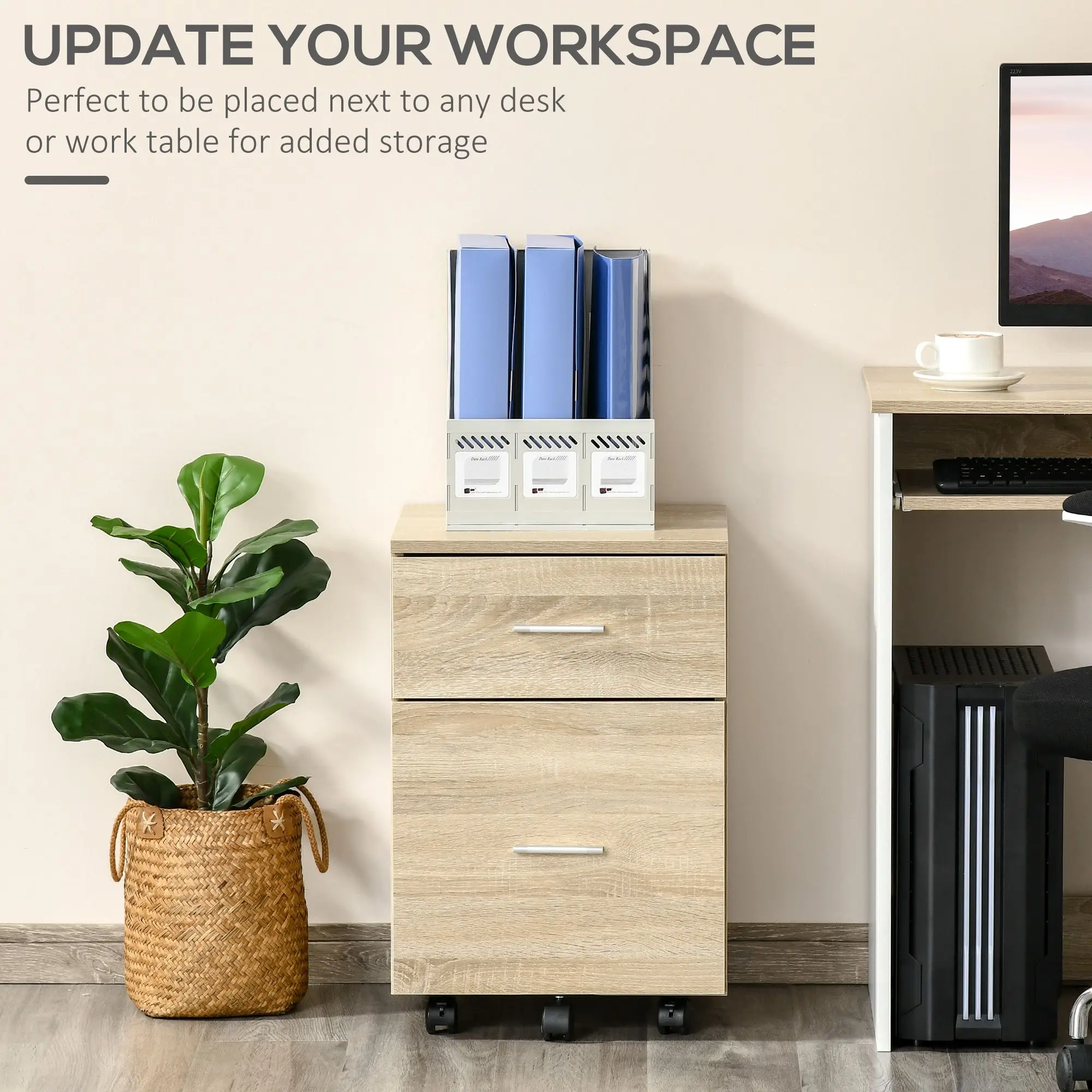 For Mobile Filing Cabinet, Vertical File Cabinet with 2 Drawers, Wheels, for Letter or A4 File, Natural