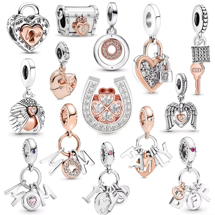 NEW Lucky Horseshoe Family Letters & Heart Padlock Dangle Charm Bead Fit Original 925 Sterling Silver Bracelet Women Jewelry