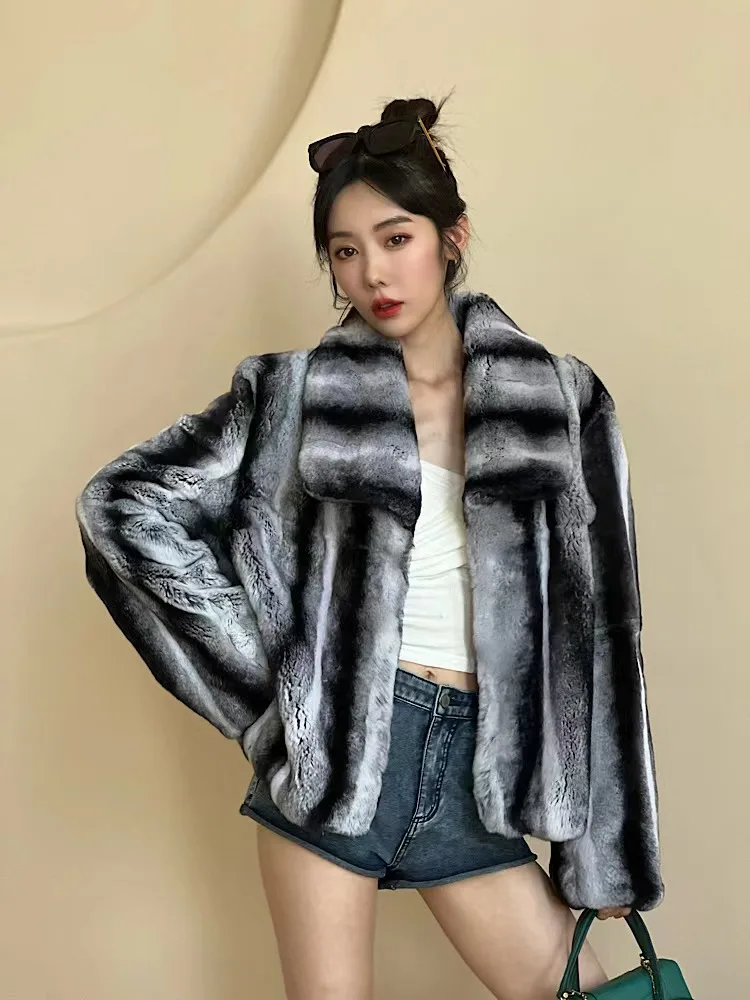 

Fur Lover New Style Women Winter Warm Soft Quality Real Rex Rabbit Fur Coat Luxury Chinchilla Color Fashionable Fur Jacket