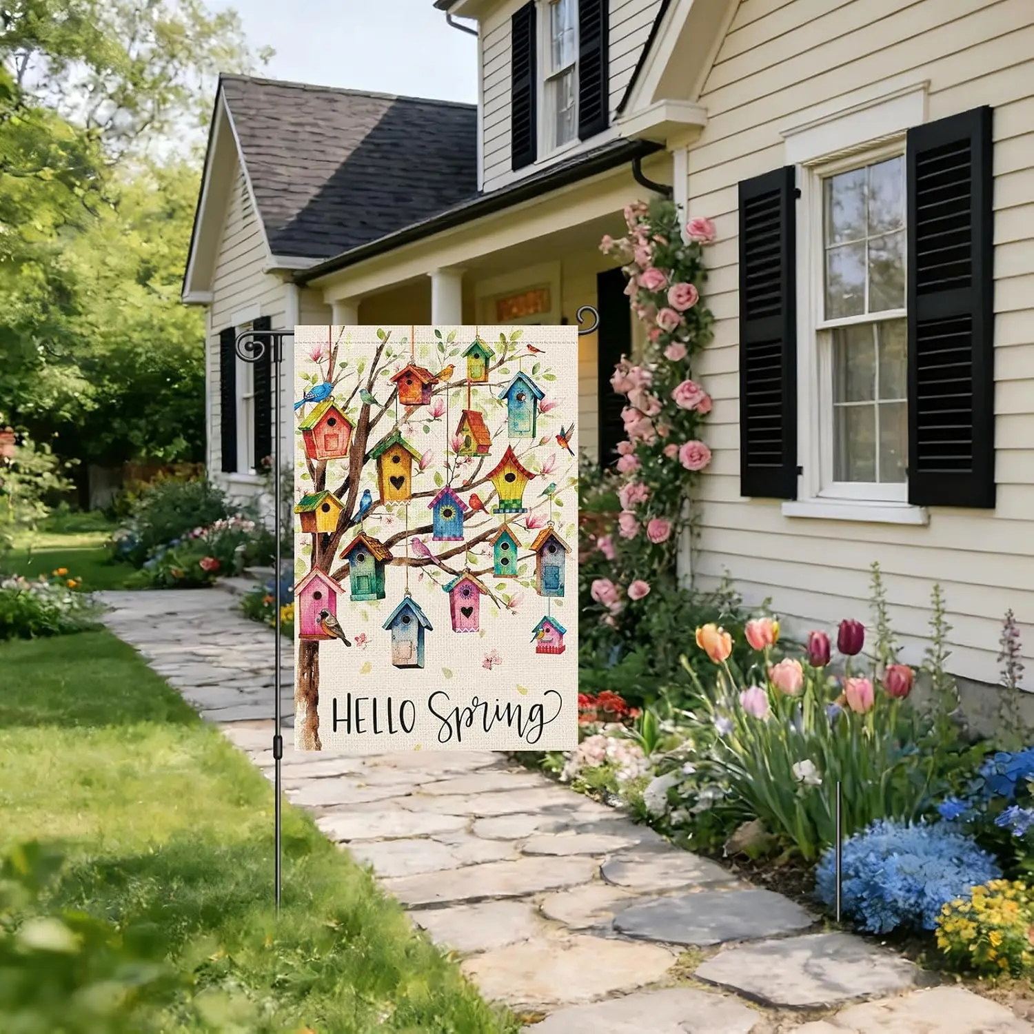 Heyfibro Hello Spring Bird Garden Flag 12x18 Inch Double Sided Floral Tree Bird House Garden Flag Seasonal Small Yard Flags  WWP