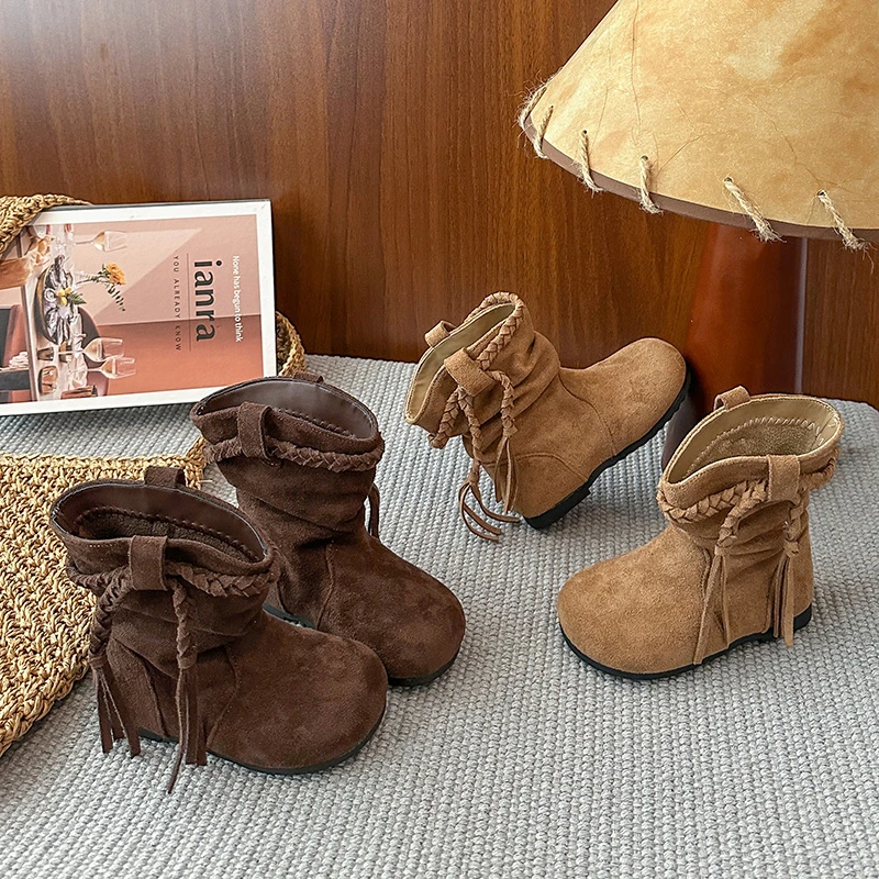 

Kids Princess Boots Sweet Tassel Girls Short Boots Round Toes Soft Bottom 2025 Autumn Winter Children Leather Boots Elegant