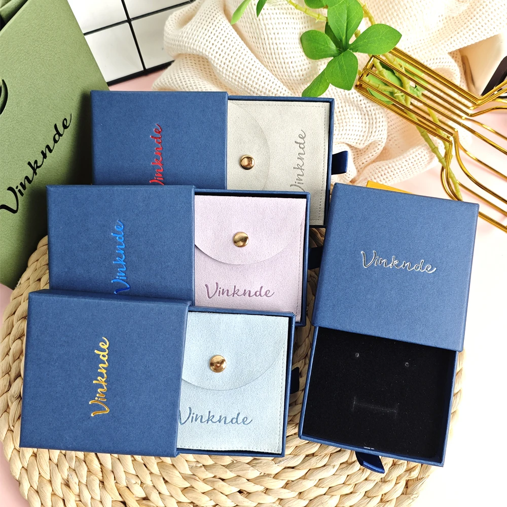 

Custom Logo Jewelry Gift Box Sliding Drawer Boxes Velvet Lined Dust Bag Microfiber Snap Button Storage Necklaces Bracelets Pouch