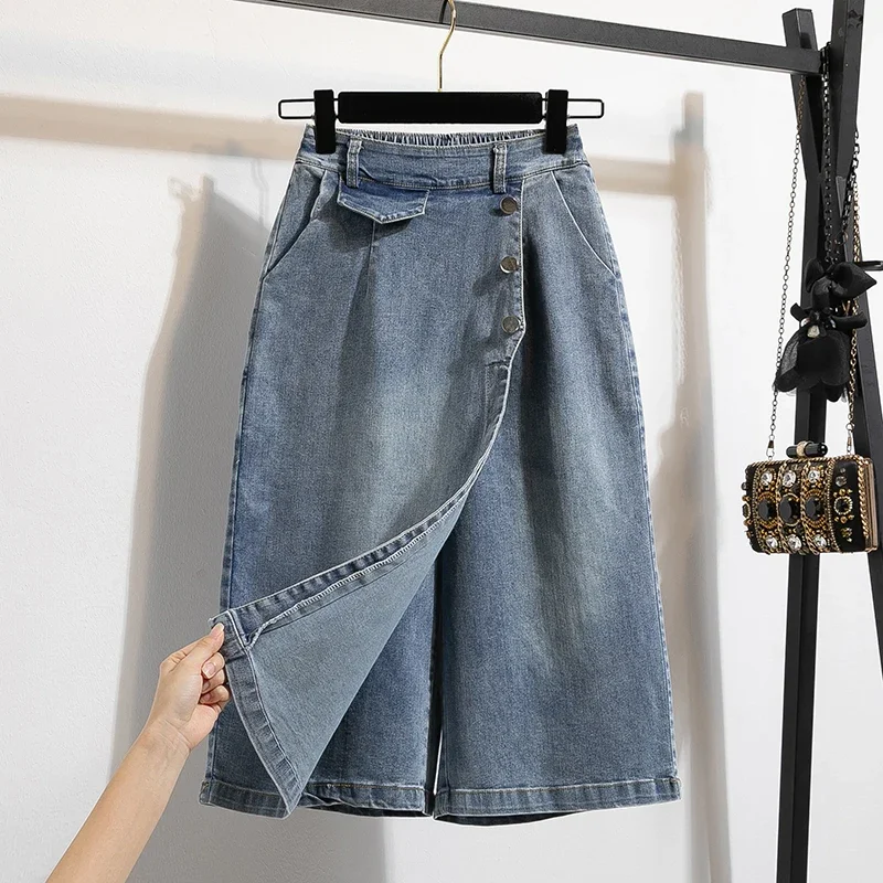 2025 New Plus Size Denim Skirt Women Autumn High Elastic Waist Blue Color Jeans Skirts With Lining Korean Style Casual Skirt