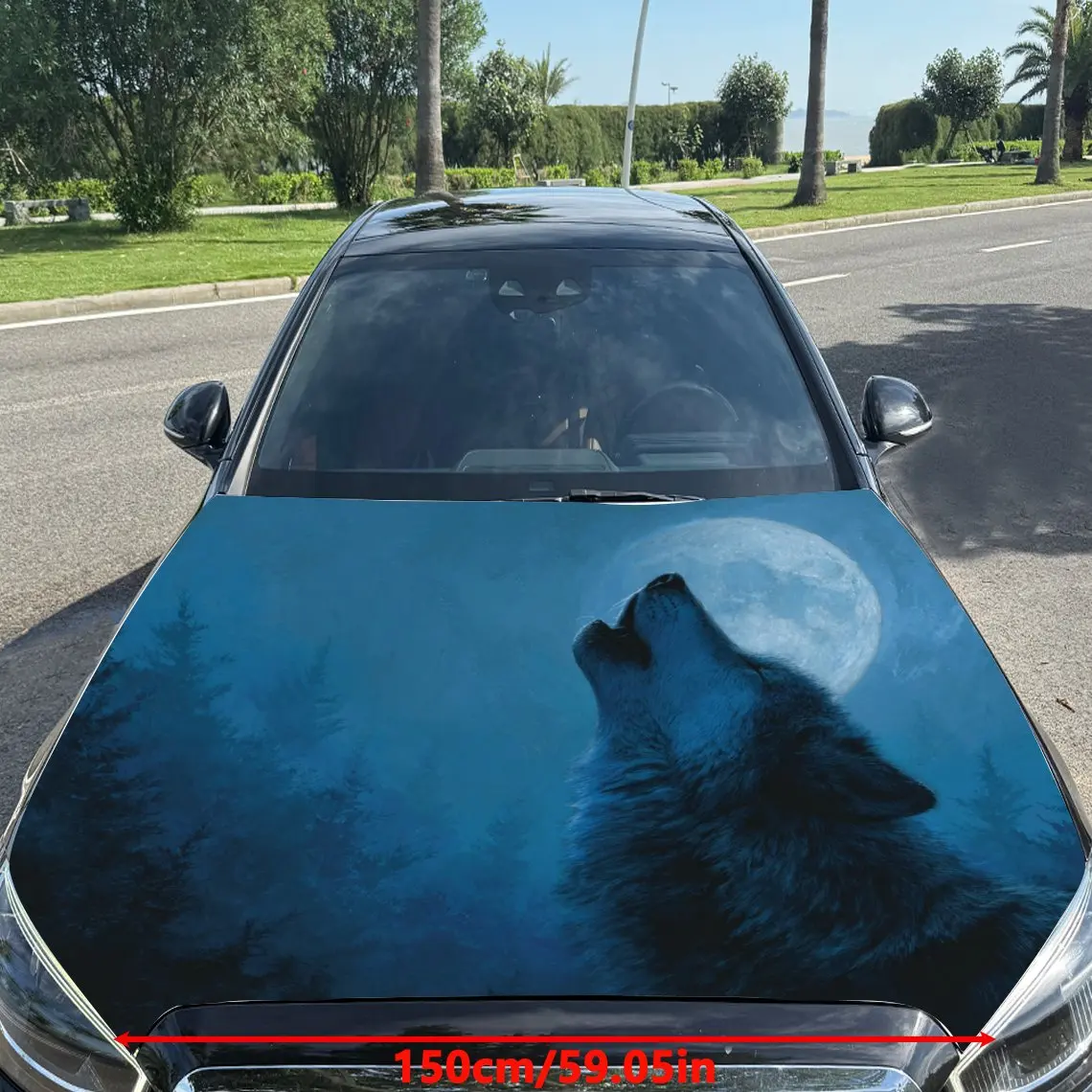 Car Decals A Wolf Expressing Wildness And Longing Under A Moonlit, Blue - Tinted Sky Car Hood Sticker, Waterproof Self - Adhesiv