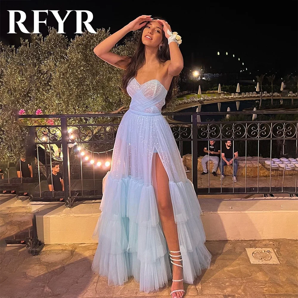 

RFYR Sky Blue Prom Dress Sweetheart Evening Party Dress A Line Dress Floor Length Split Vestido Formal Party Gowns Customized