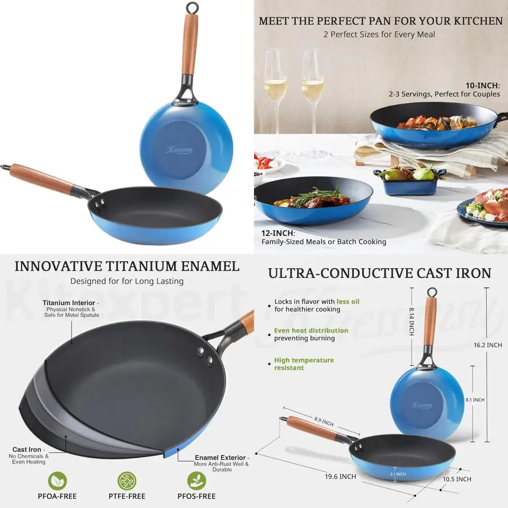 

Pre-Seasoned Cast Iron Skillets Set with Wooden Handles - 10 & 12 Non-Stick Frying Pans for Versatile Cooking in Cobalt Blue