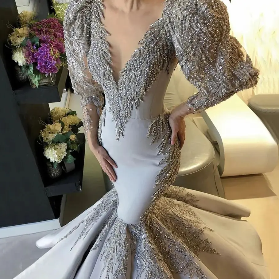 

Mermaid Grey Satin Luxury Evening Dresses New Fashion V Neck Long Sleeve Pearls Beading Formal Gown فساتين مناسبة رسمية