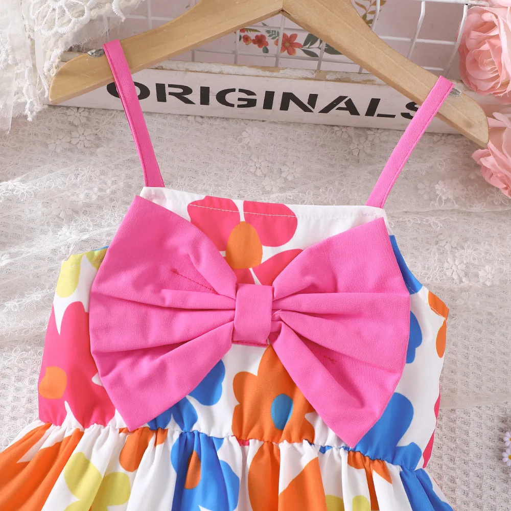 Kids Casual Dress for Girls Clothes Summer New Toddler Cute Floral Print Pink Bowknot Cami Dress Fashion Children Holiday 2-8Y