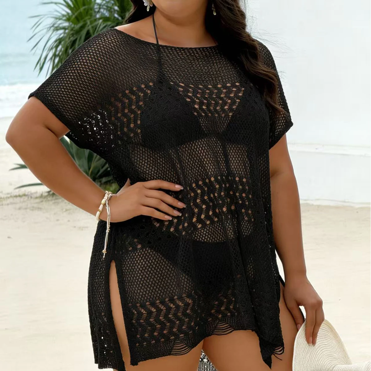 

Vacation Style Plus Size Side Slit Knitted Dress, Loose Fit Hollow Out Texture Bikini Cover-Up, Casual Plain Pattern Clothing