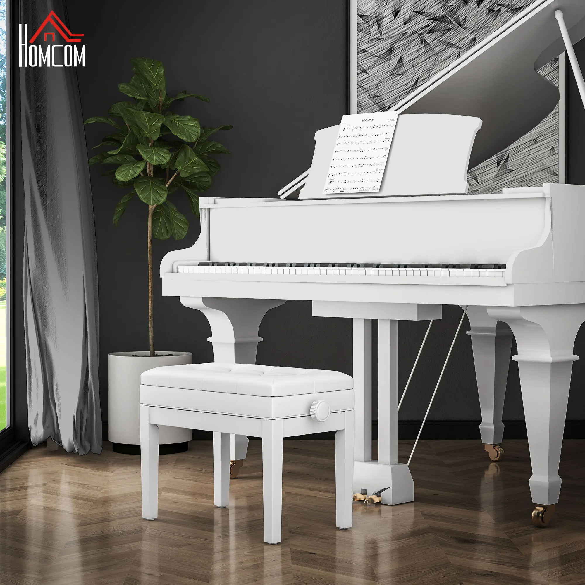 HOMCOM Klavierbank Höhenverstellbar Sitzbank mit Stauraum, Holzbeine, Klavierhocker aus Kunstleder, für Musikzimmer, belastbar bis 200 kg, 54,5 x 33 x 48-58 cm, Weiß