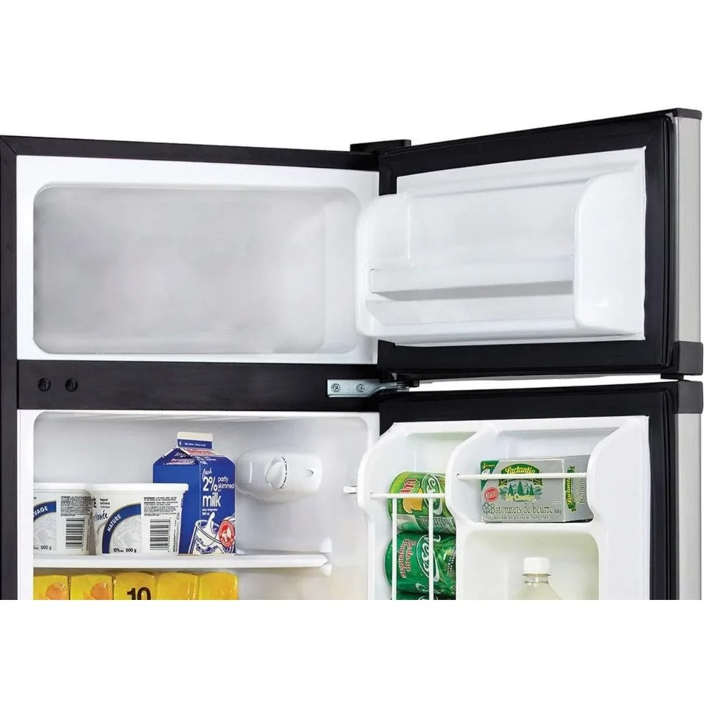 tCompact Refrigerator with Freezer, E-Star Rated Mini Fridge for Bedroom, Living Room, Kitchen, or Office, Stainless Steel