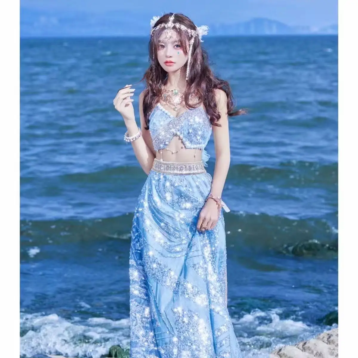 

Elegant Blue Mermaid Princess Cosplay Costume Travel Wedding Beach Party Photography Bride Suits Halloween Goddess Elf COS Hanfu
