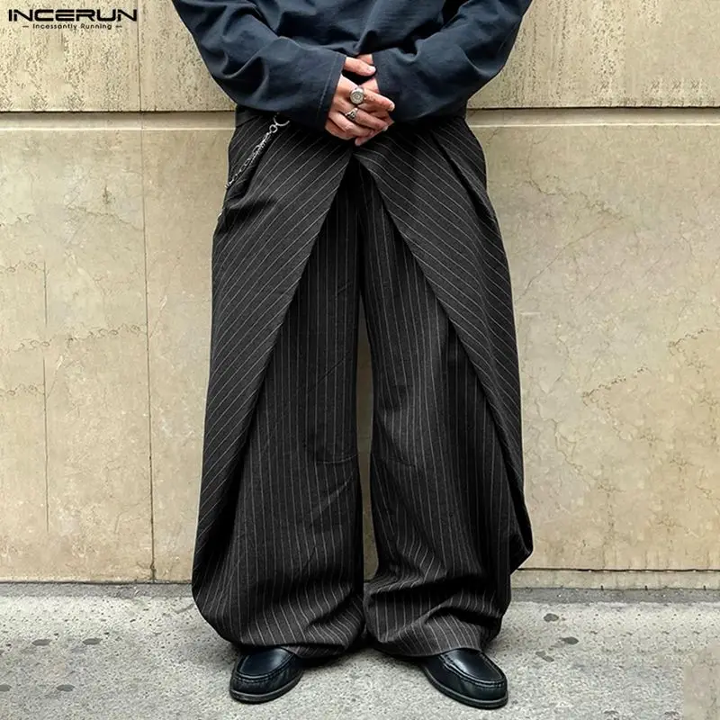

INCERUN Men Irregular Pants Striped Button Joggers Loose Casual Wide Leg Trousers Men Streetwear Fashion Leisure Male Long Pants