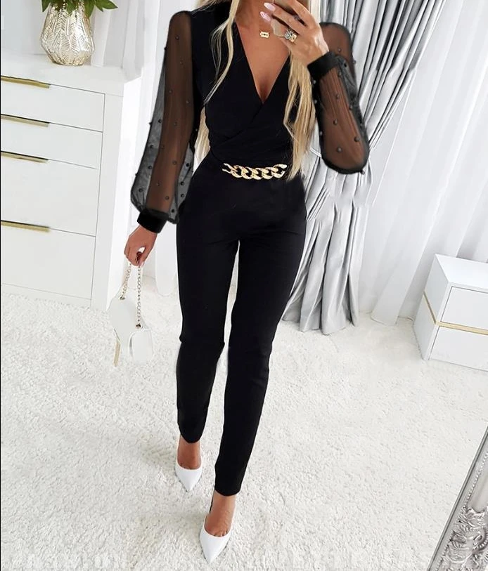 

Jump Suits for Women Fashion 2024 Floral Sequin Sheer Mesh Patch Chain Decor Skinny Long Jumpsuit Long Sleeve Elegant Overalls