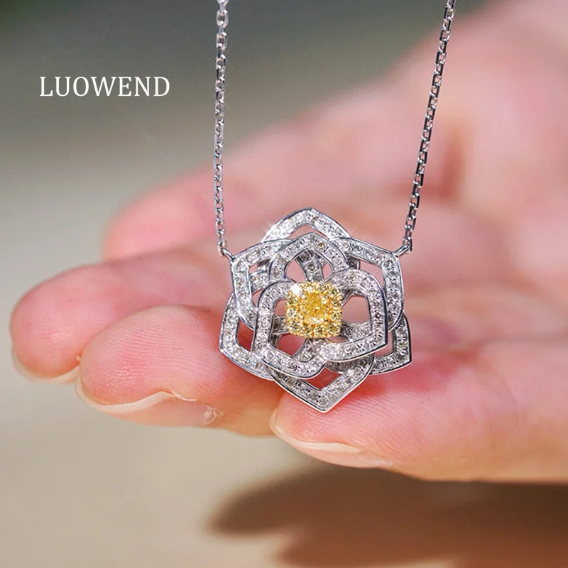 LUOWEND 100% 18K White Gold Necklace Luxury Rose Shape Real Natural Yellow Diamond Pendant Necklace for Women Wedding Jewelry