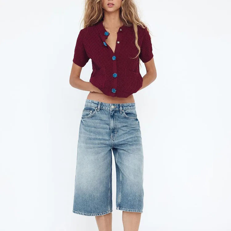 Summer New Arrival Women's Knitted Jaet ort Sve round Ne Jewelry Button Decor Street Sle Regular Length Pure Color