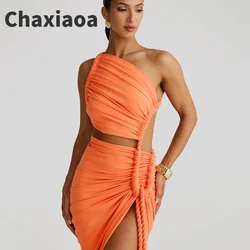 Chaxiaoa Off-shoulder Thigh High Split Sexy Maxi Dress for Women Fashion Strapless Sleeveless Ruched Bodycon Club Party Dress