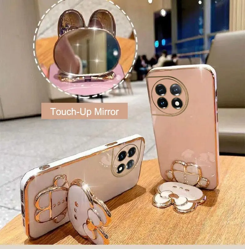 Rabbit Mirror Bracket Phone Case For Oneplus 11 11R 10 10R 10T 9R 9RT 9 8T 8 7 7T Pro NORD 2 5G Plating Holder Silicone Cover