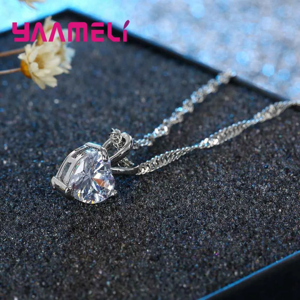 Solid 925 Sterling Silver 3 Claws Heart Shape Crystal Zircon Pendant Necklaces for Women Girls Wedding Party Jewelry Gifts
