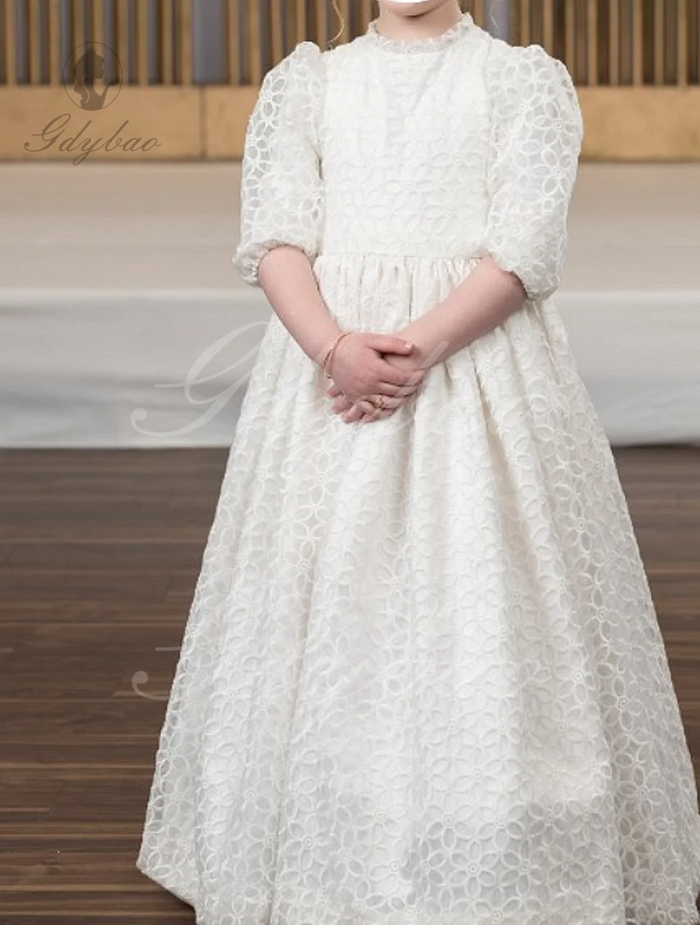 

Elegant Flower Girl Dresses For Wedding Milk Lace Balloon Sleeve High Waist Bridesmaid Party Girl Communion Dress Customized