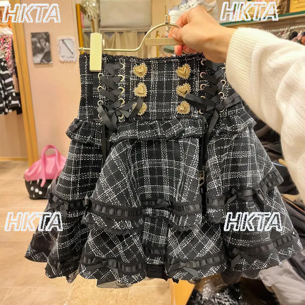 

Юбка Liz Mass Production в клетку с бантом и подтяжками, женская, в японском стиле, новая, в стиле Лолита, для девочек, в стиле преппи, милая, с бантом и оборками