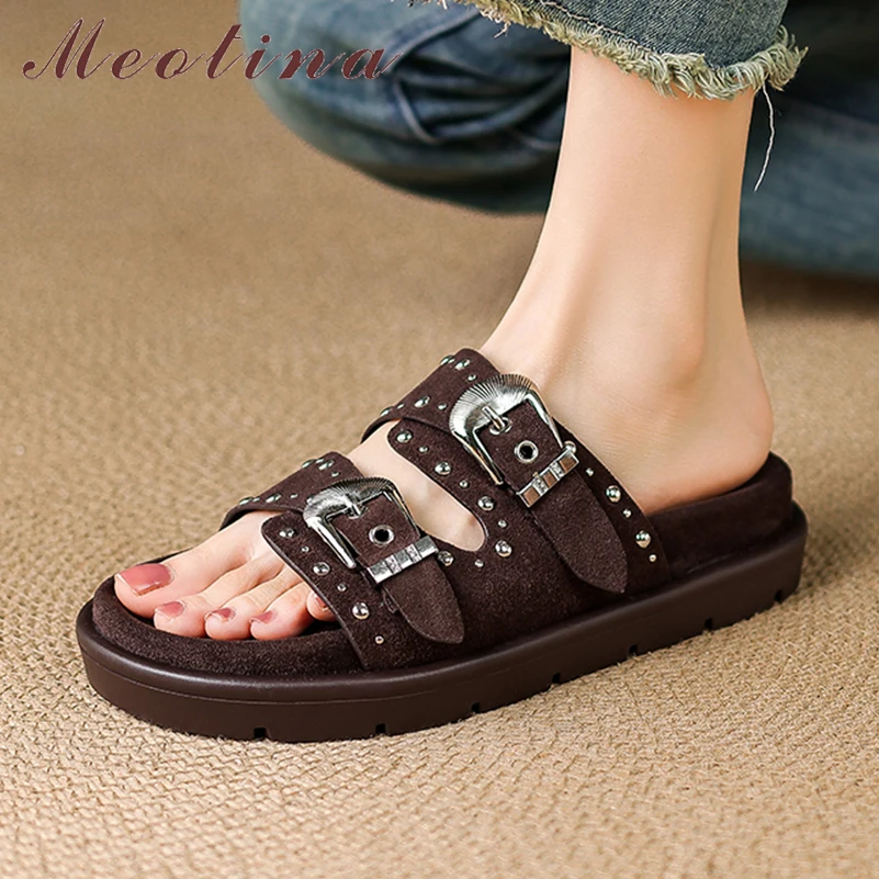 

Женские шлепанцы Meotina из натуральной кожи с круглым носком, с пряжкой и заклепками, модная обувь для женщин, весна-лето, коричневые, черные, размер 40