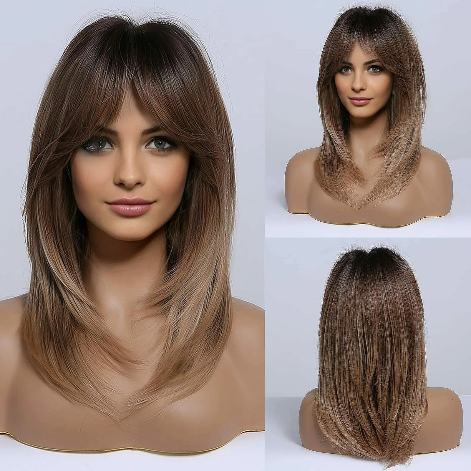

Long Natural Layered Wave Dark Brown Ombre Hair wigs Synthetic Party Daily Use