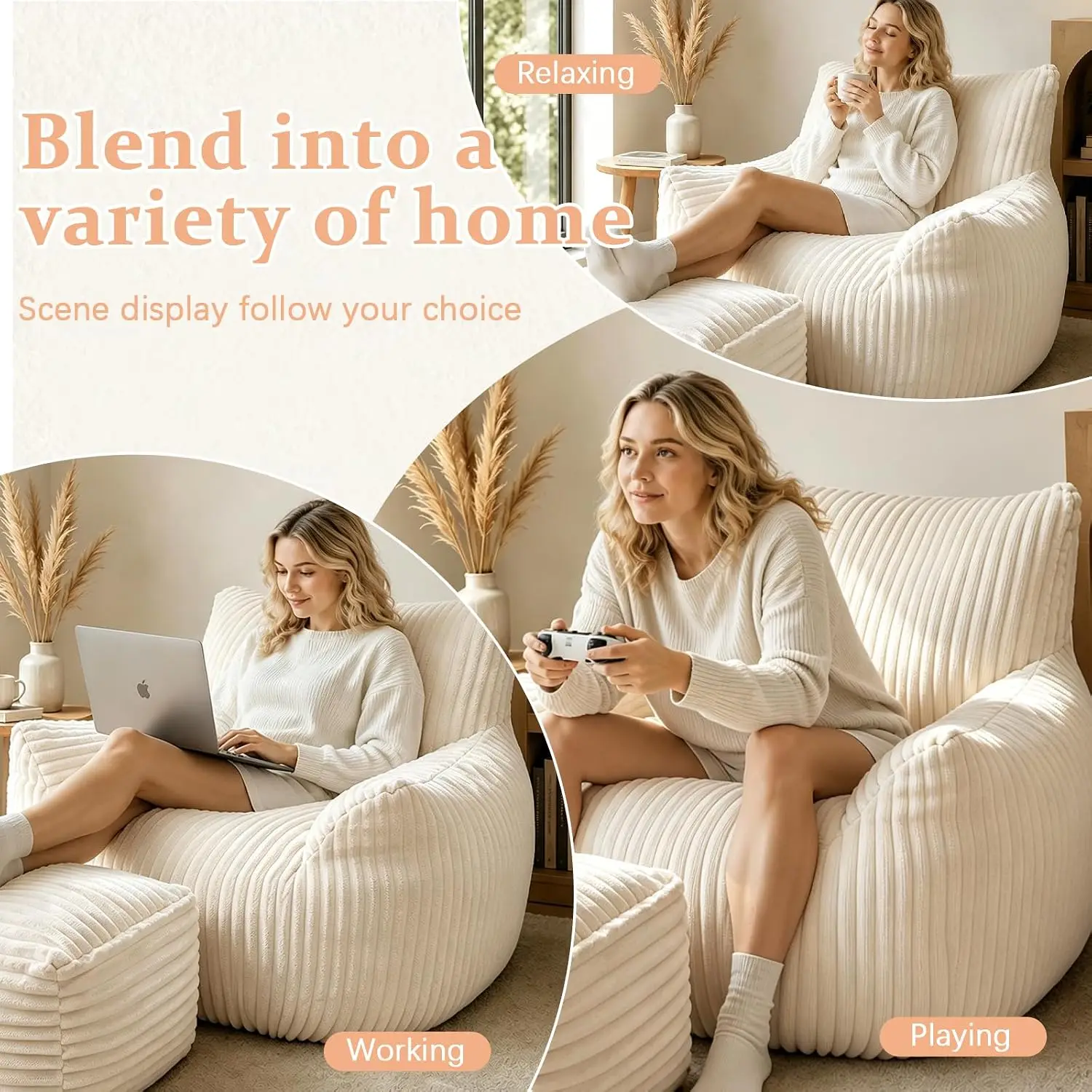 Bean Bag Chair, High Density Foam Lounge Chair, Reading & Relaxing, White, Customized