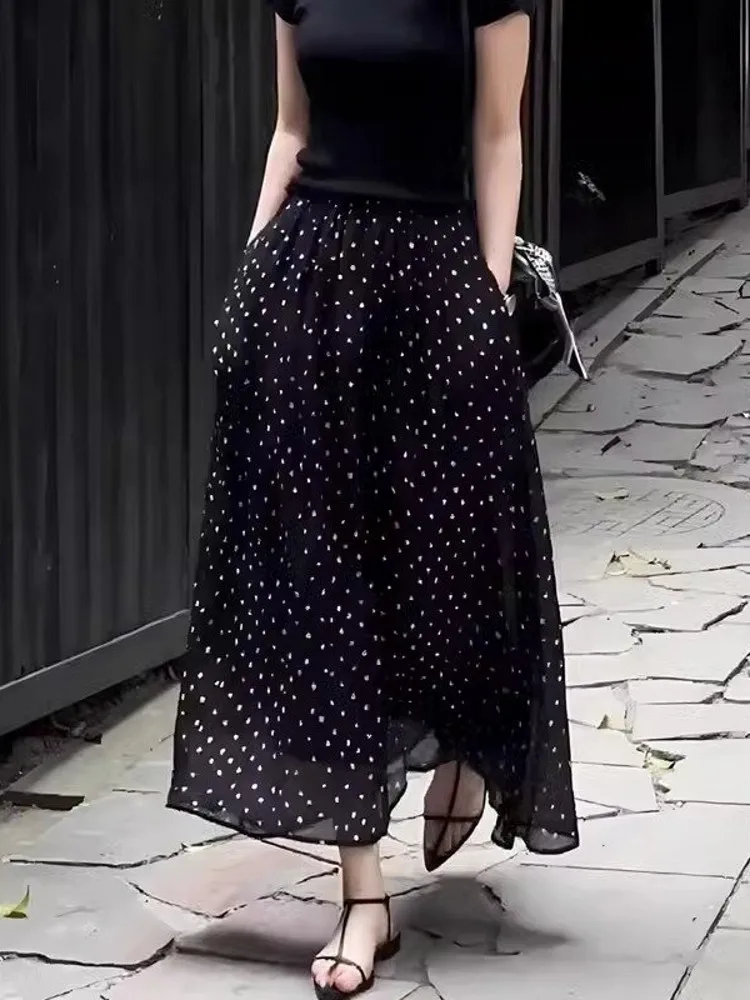 

Новая летняя женская юбка миди А-силуэта из шифона в горошек больших размеров, свободная, стройнящая, с высокой талией, в корейском стиле, для повседневной носки