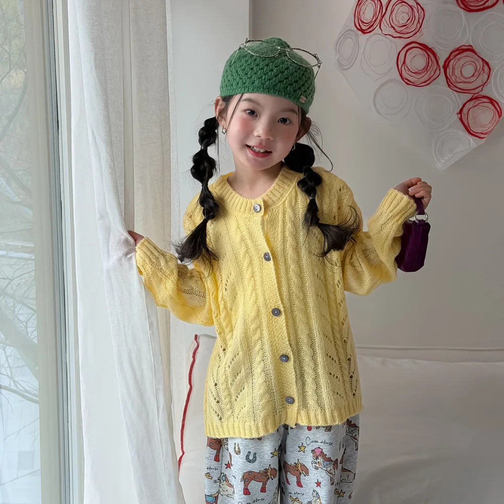 Cardigan Knitted Sweater 2026 Spring Korean Version Girls Lazy Soft Sticky Thread Sweater Children Versatile Cardigan Top