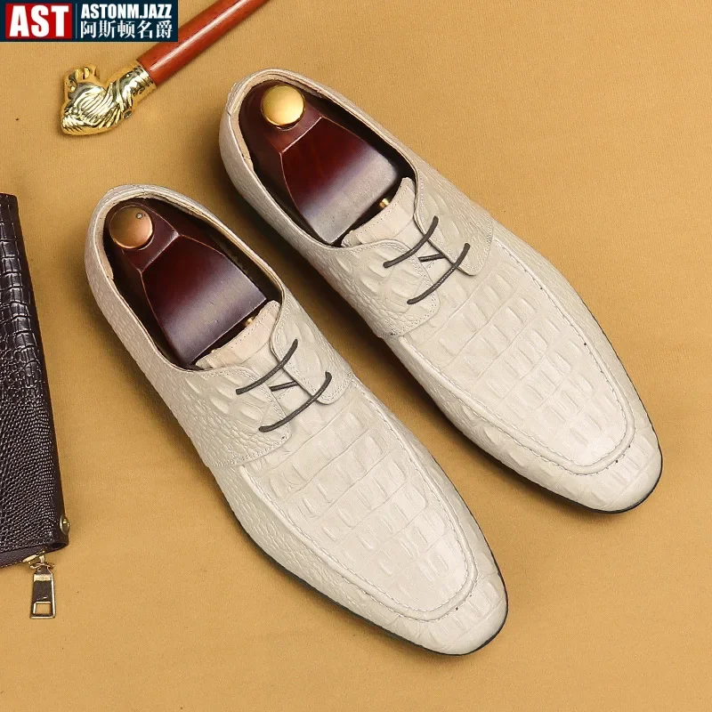 

Alligator Men Leather Shoes Soft Soles Soft Leather Business Casual Derby Shoes British Lace Up Men's Formal Oxford Shoes White