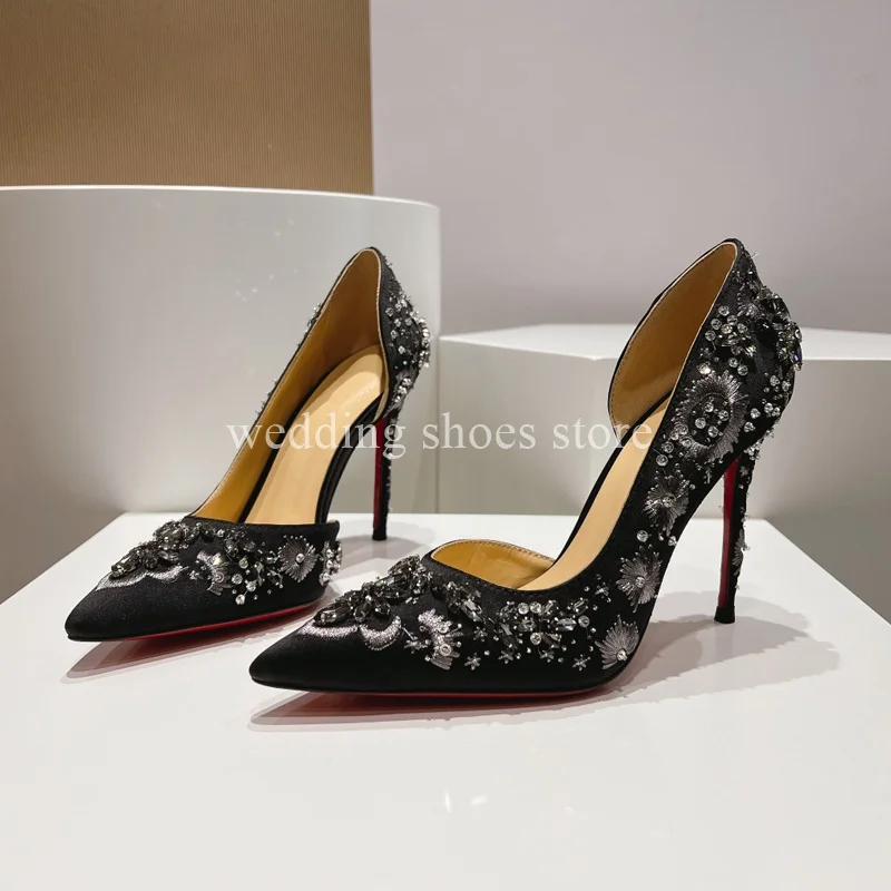 Crystal Embroidered Satin Heels Women High Heels Shallow Mouth Pointed Toe High Heels Wedding Luxury Single Shoes Women Pumps