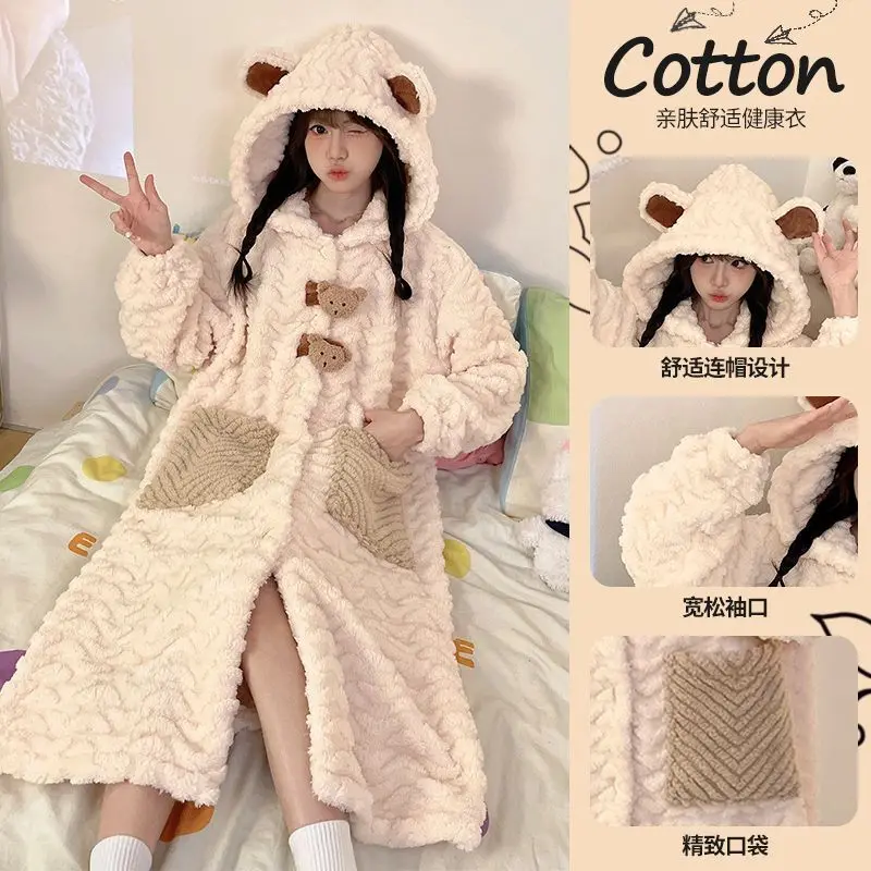 

coral fleece Women's pajamas robe autumn winter Pajama new model little bear girl nightdress fleece-lined long style homewear