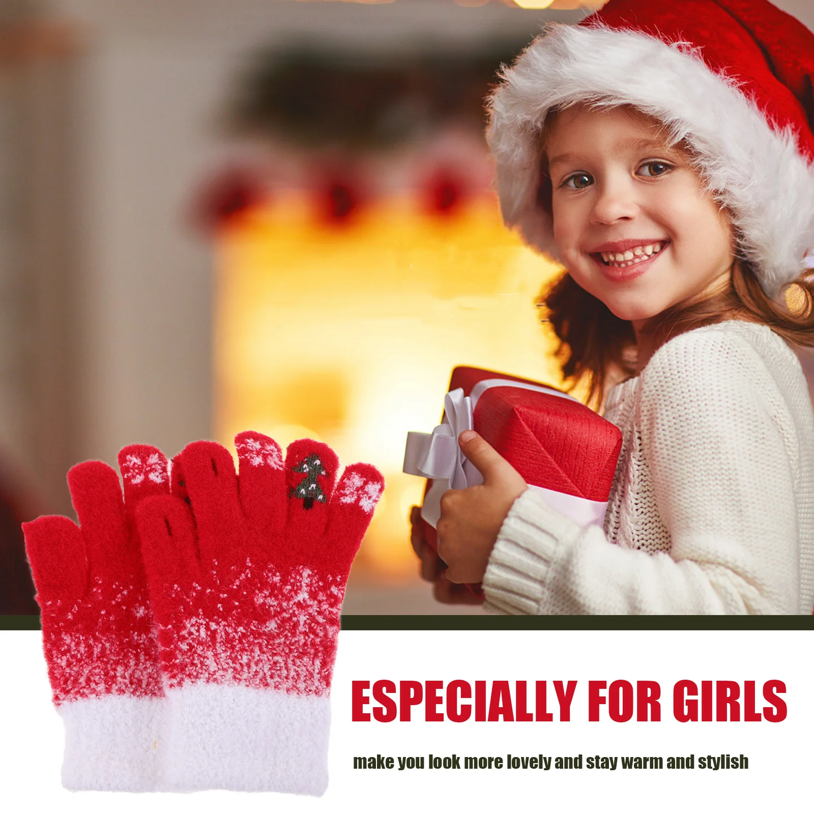 زوج واحد من قفازات الطقس البارد النسائية الدافئة بتصميم عيد الميلاد وشاشة تعمل باللمس متوافقة ومريحة مناسبة للأنشطة الشتوية الخارجية