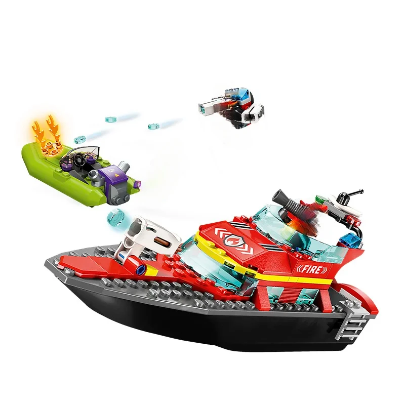 City Series Fire Rescue Boat Bow Assembly Puzzle 60373 Block Children's Toy Gift Floating fire boat at sea Can be launched