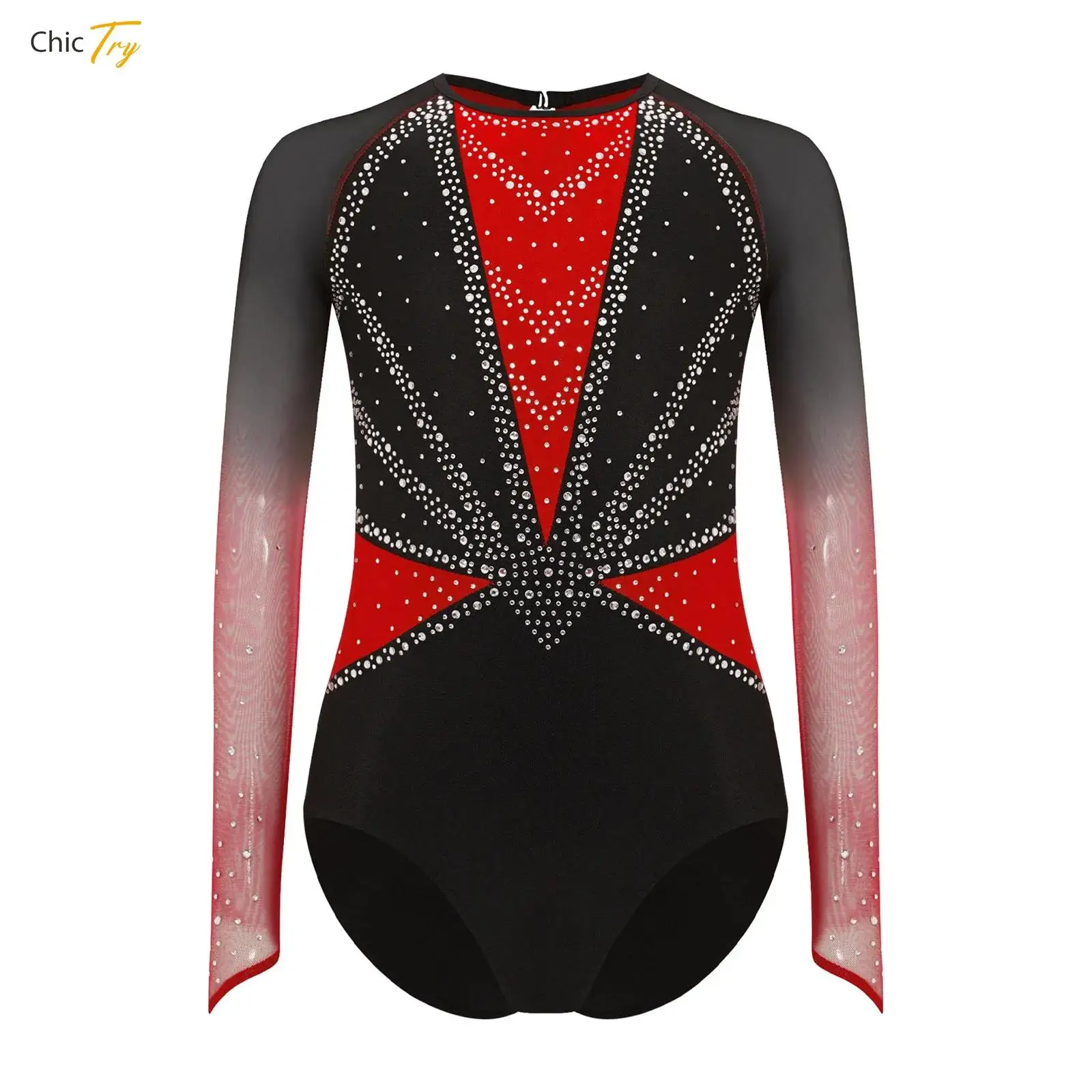 

Kids Girls Long Sleeve Rhinestones Gymnastics Dance Leotard Sheer Mesh Figure Skating Ballet Jersey Unitards Bodysuit Costumes